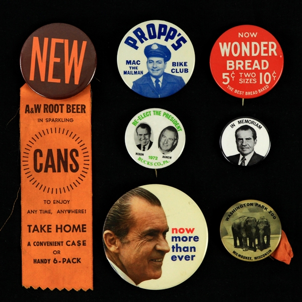 1960s-90s Pinback Button Collection - Lot of 7 w/ Richard Nixon, A&W Sparkling Root Beer New In Cans & More