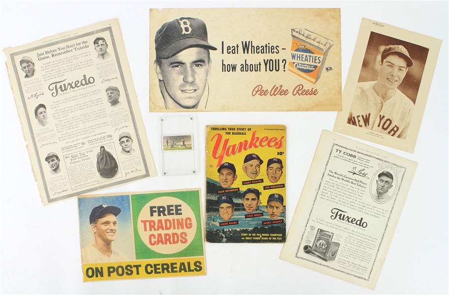 1910s-60s Baseball Memorabilia Collection - Lot of 7 w/ Ty Cobb, Roger Maris, Pee Wee Reese Advertising & More