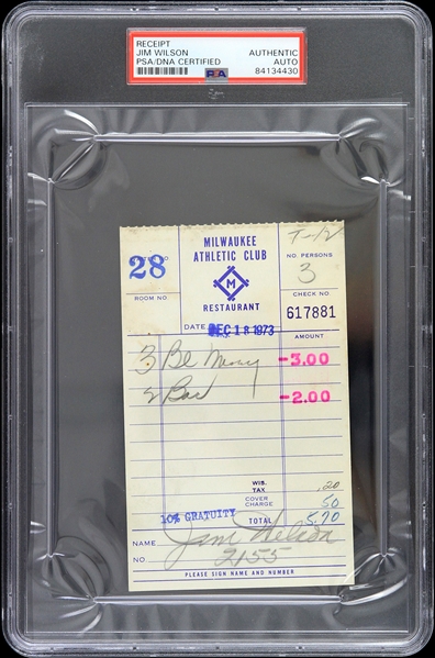  1973 Jim Wilson No Hitter Pitcher Milwaukee Braves Signed Milwaukee Athletic Club Receipt (PSA/DNA Slabbed)