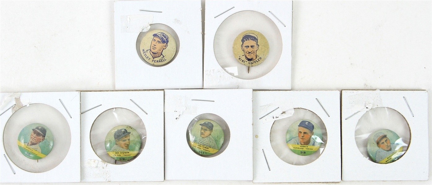 1930-32 Orbit Gum/Cracker Jack Baseball Pinback Buttons - Lot of 7 w/ Kiki Cuyler, Wes Ferrell, Earl Combs, Ben Chapman, Grover Alexander, Earl Averill & Joe Vosmik