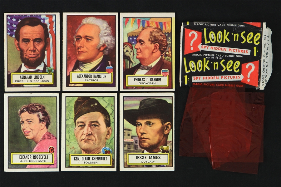 1952 Topps Look N See Spy Hidden Pictures Trading Cards - Lot of 6 w/ 5 Red Transparencies & Original Pack