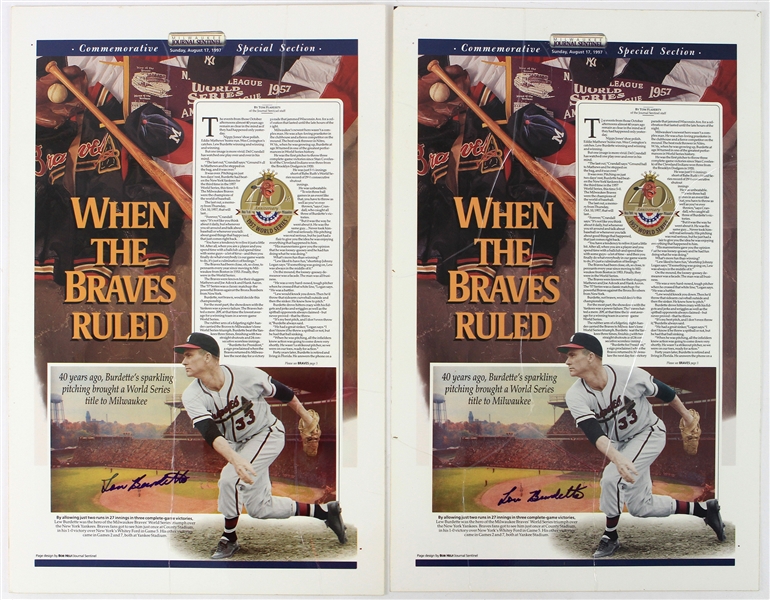 1997 Lew Burdette Milwaukee Braves Signed 15" x 23.5" Laminated Milwaukee Journal Sentinel Commemorative Pages - Lot of 2 (JSA)