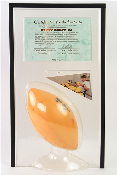 1995 Brett Favre Green Bay Packers Signed Foamation Cheese Football Display (JSA) 217/250