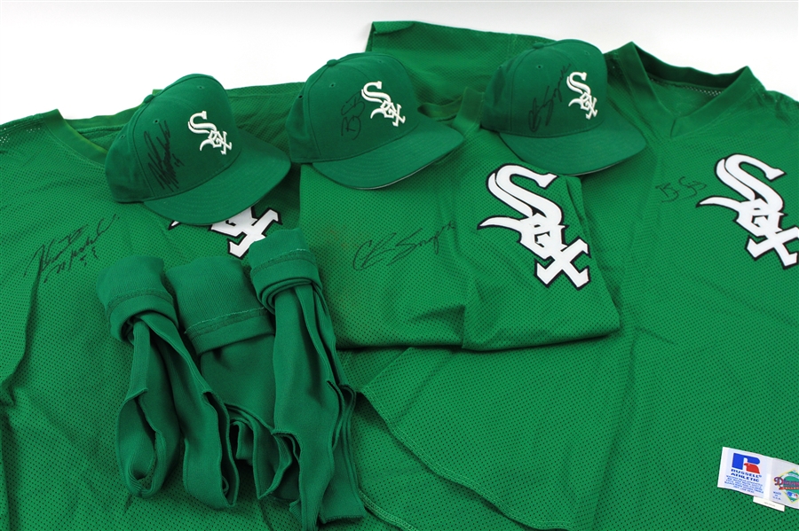1998 Brian Simmons Chris Snopek Robert Machado Chicago White Sox St. Patrickss Day Game Worn Collection - Lot of 9 w/ Signed Jerseys, Signed Caps & Stirrups (MEARS LOA/JSA)