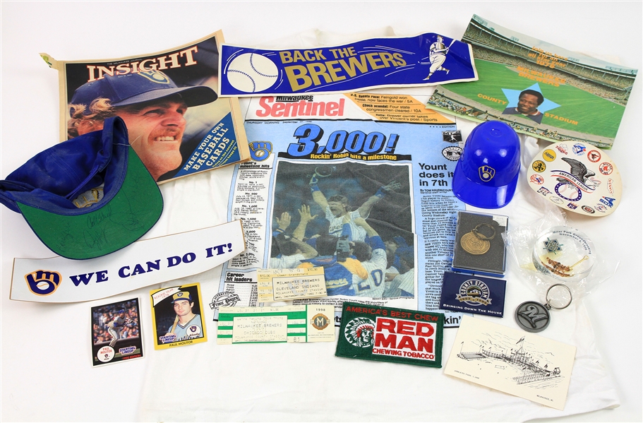 1970s-2000s Milwaukee Brewers Memorabilia Collection - Lot of 18 w/ Bumper Stickers, Key Chains, Signed Cap & More 