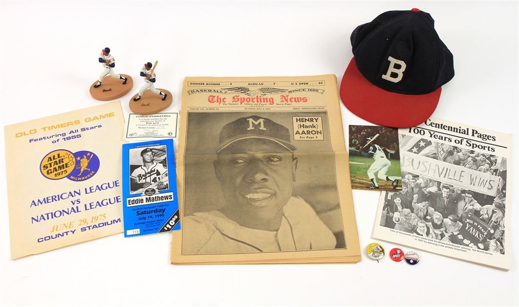 1960s-90s Baseball Memorabilia Collection - Lot of 11 w/ Hank Aaron, Pinback Buttons, Boston Braves Cap & More
