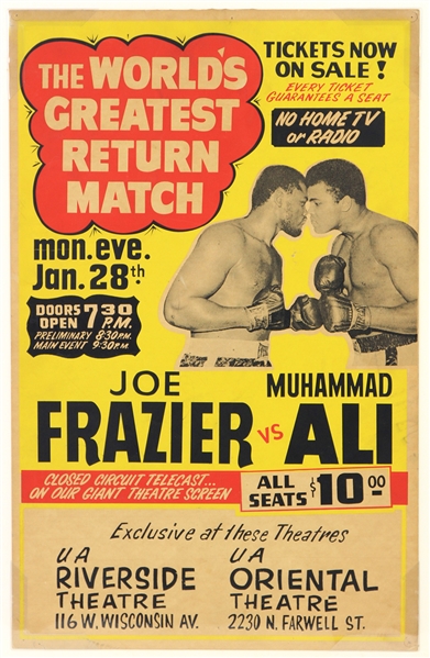 1974 Muhammad Ali Joe Frazier Heavyweight Title Bout 14" x 22" Closed Circuit Broadside