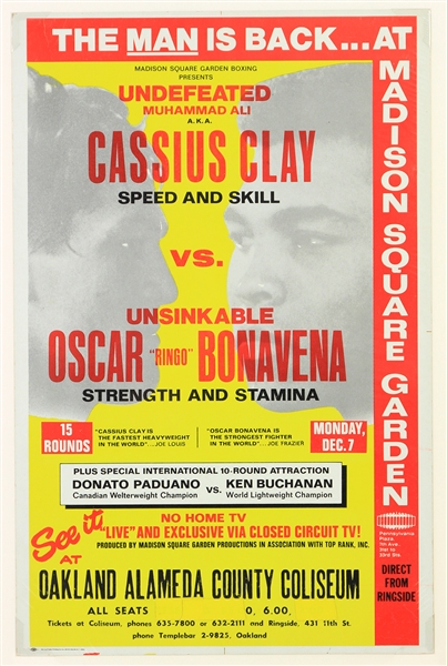 1970 Muhammad Ali Oscar Bonavena Heavyweight Title Bout 14" x 21.5" Closed Circuit Broadside