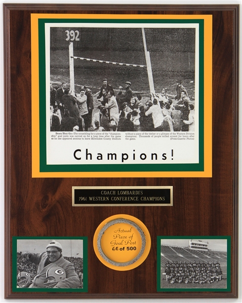 1961 Green Bay Packers Western Conference Champions 12" x 15" Display w/ County Stadium Goal Post Section (MEARS LOA) 66/500