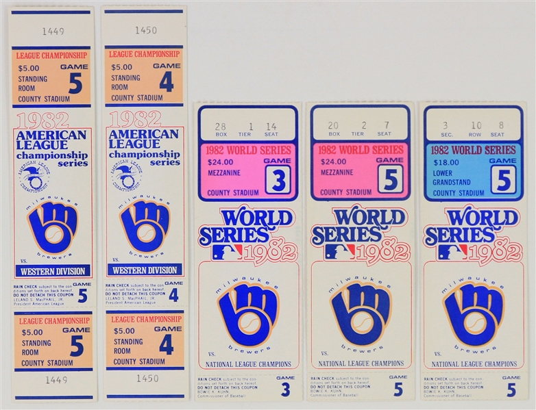 1982 Milwaukee Brewers ALCS & World Series Tickets/Stubs - Lot of 5