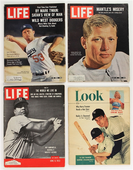 1949-65 Joe DiMaggio Mickey Mantle Roy Campanella Don Drysdale Life & Look Magazines - Lot of 4