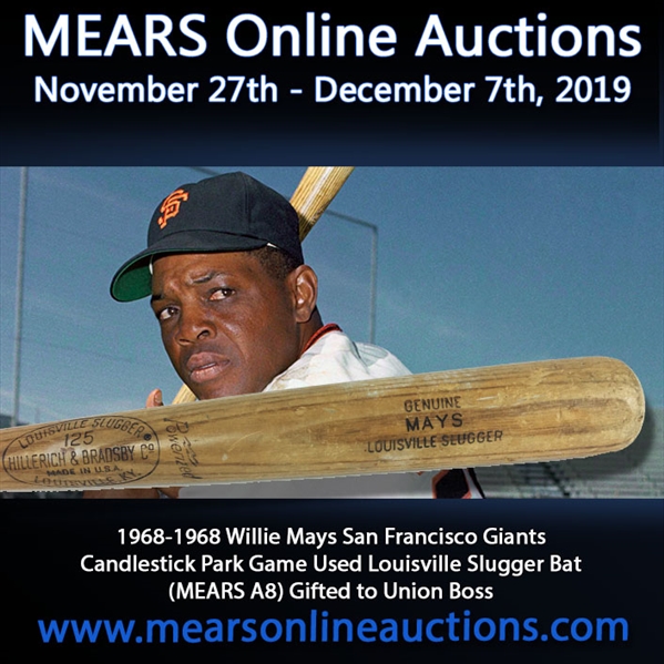 1965 Willie Mays San Francisco Giants H&B Louisville Slugger Professional Model Game Used Bat (MEARS A8) "Gifted by Mays to Union Boss"