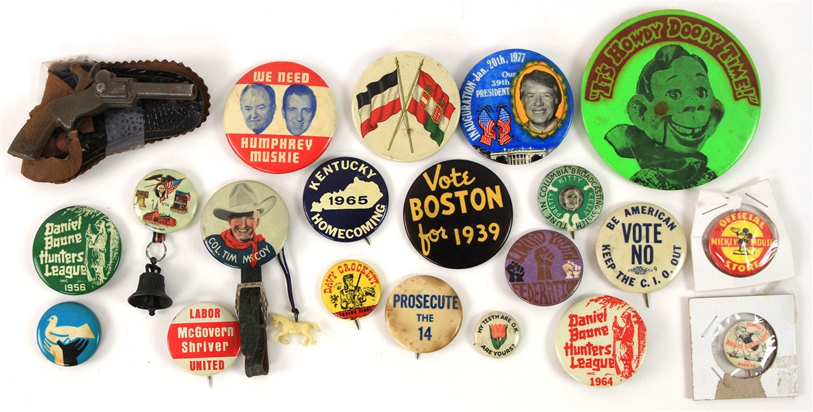 1930s-70s American Pinback Button Collection - Lot of 20 w/ Woodstock, Daniel Boone, Davy Crockett, Political & More