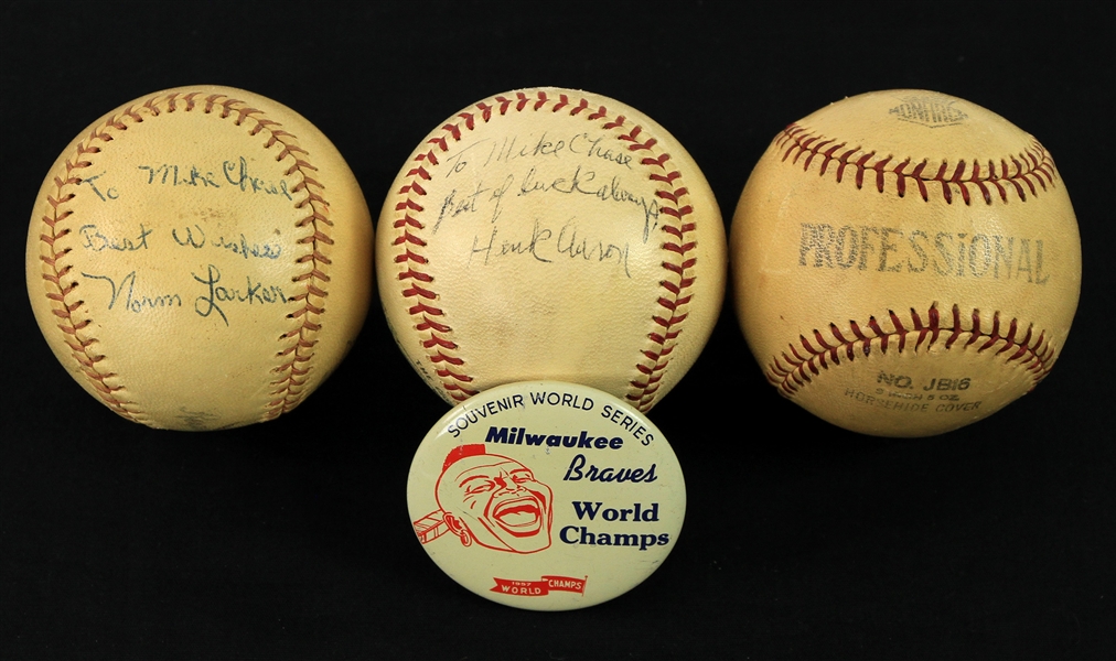 1957-63 Baseball Memorabilia Collection - Lot of 4 w/ Norm Larker Signed Baseball, 1957 Braves World Champs Pinback & More (JSA)