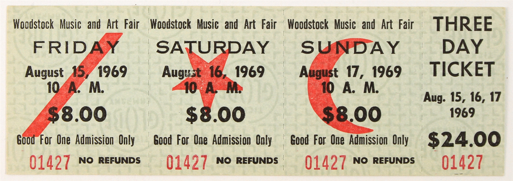 1969 Woodstock Music & Art Fair Full Unused Three Day Ticket