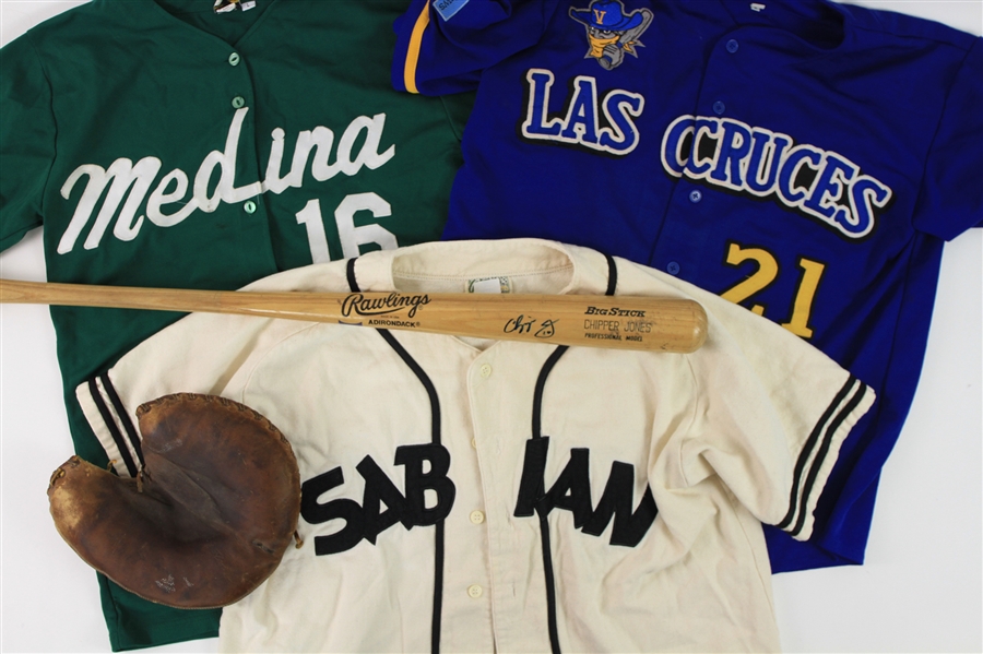 1950s-90s Baseball Memorabilia Collection - Lot of 5 w/ Chipper Jones Signed Bat, Yogi Berra Spalding Mitt & More (JSA)