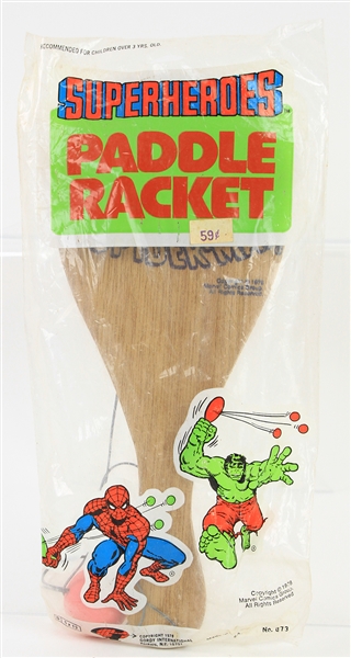 1978 Mint in Bag Superheroes Paddle Racket w/ Spiderman & Incredible Hulk