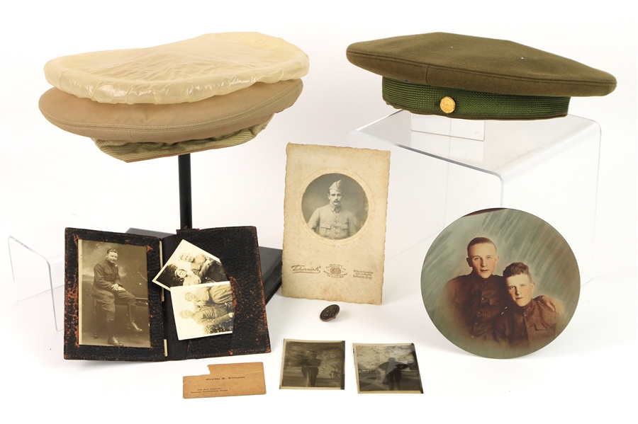 1914-45 WWI WWII Memorabilia Collection - Lot of 12 w/ Hat, Hat Covers, Photos & More 