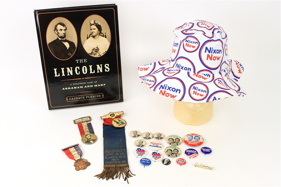 1890s-2000s Presidential Memorabilia Collection - Lot of 20 w/ Pinbacks, Ribbons, Nixon Now Floppy Hat & More