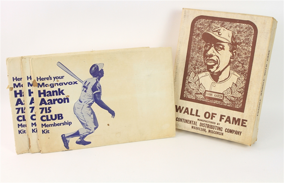 1974 Hank Aaron Atlanta Braves Memorabilia Collection - Lot of 4 w/ MIB Wall of Fame Plaque & (3) Magnavox 715 HR Membership Kits