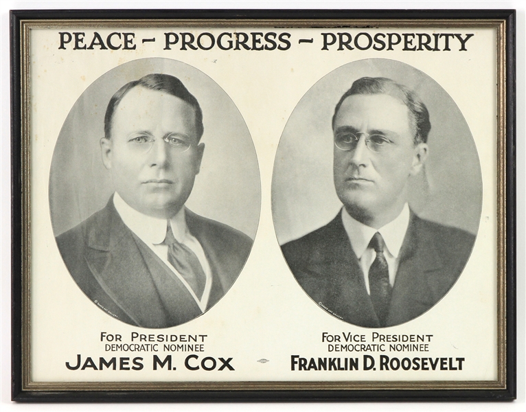 1920 James M. Cox Franklin D. Roosevelt 15" x 20" Framed "Peace Progress Prosperity" Presidential Campaign Poster