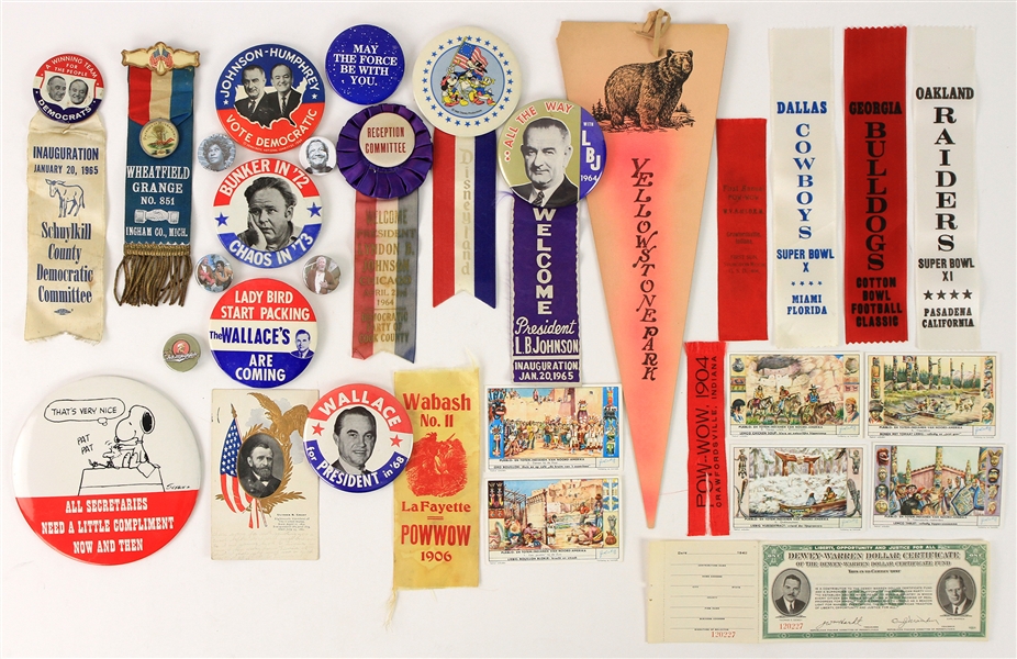 1900s-90s Political Pinback Bumper Sticker Ribbon Collection - Lot of 45 w/ JFK, LBJ, Wallace, McGovern, Goldwater & More