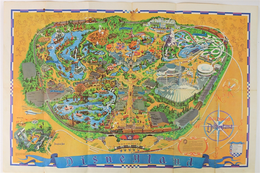 1955-68 Disneyland Memorabilia Collection - Lot of 4 w/ Disneyland Map Poster, Mickey Mouse Club Puzzle, Story & Coloring Books