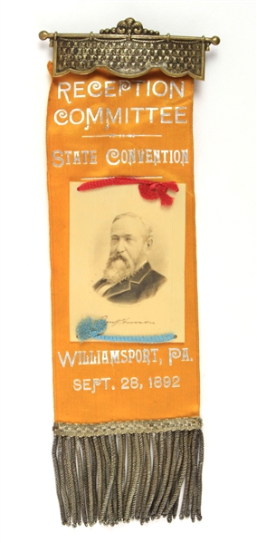 1892 Benjamin Harrison 23rd President of the United States 8.5" Pennsylvania State Convention Reception Committee Ribbon