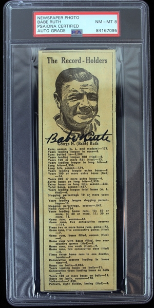 1940s Babe Ruth New York Yankees Signed Newspaper Cut Photo (PSA/DNA Slabbed NM-MT 8)
