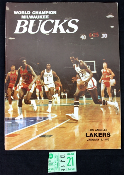 1972 Milwaukee Bucks End Los Angeles Lakers 33 Game Winning Streak Game Program & Ticket Stub