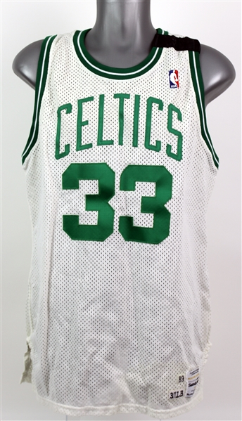 1989-90 Larry Bird Boston Celtics Game Worn Home Jersey (MEARS A10) "Featuring Follow Through" Black Memorium Band in Honor of Joan Cohen"
