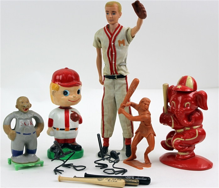 1950s-80s Baseball Memorabilia Collection - Lot of 8 w/ Bobblehead, Baseball Ken Doll, Figures, Mini Bats & More