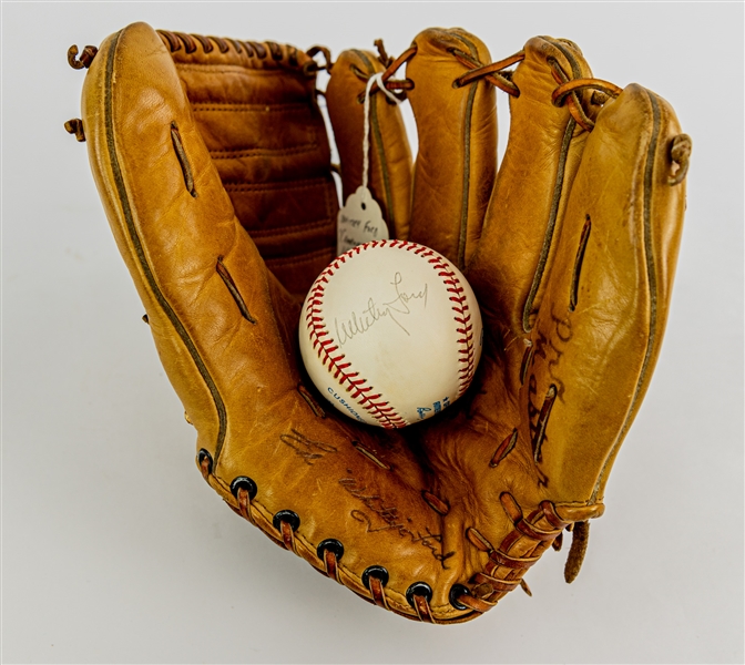 1950s-80s Whitey Ford New York Yankees Store Model Denkert Mitt & Signed OAL Brown Baseball (JSA)
