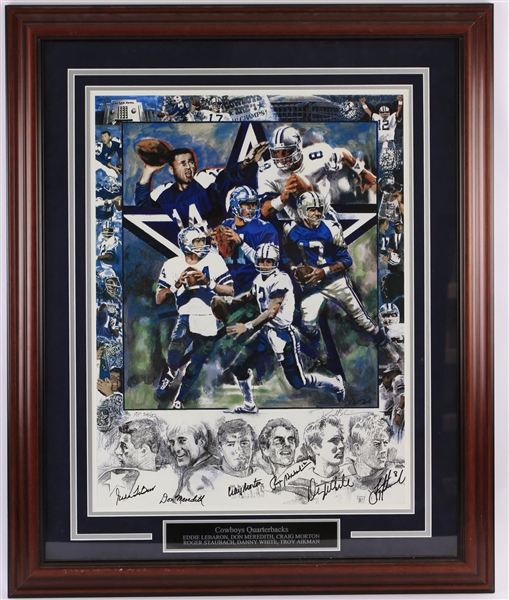 1960-2000 Dallas Cowboys Quarterbacks Signed 19x25 Framed Lithograph Including Eddie Lebaron, Roger Staubach, Troy Aikman, & more (JSA)