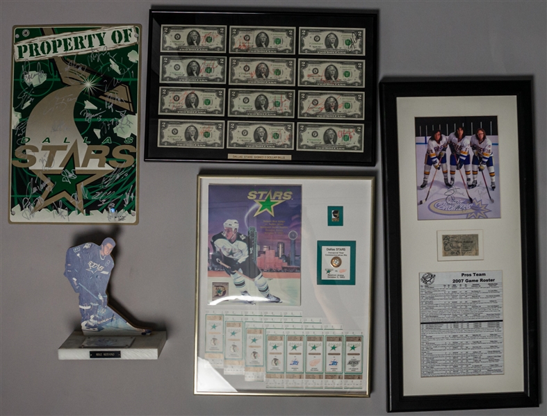 1970s-2000s Dallas Stars Hockey Tickets, Photo, Signed $2 Bills, and more (Lot of 5)