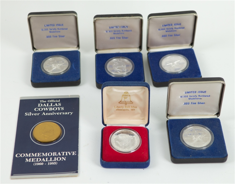 1985 Dallas Cowboys Silver Anniversary Medallions - Lot of 5 + Operation Desert Shield Silver Coin