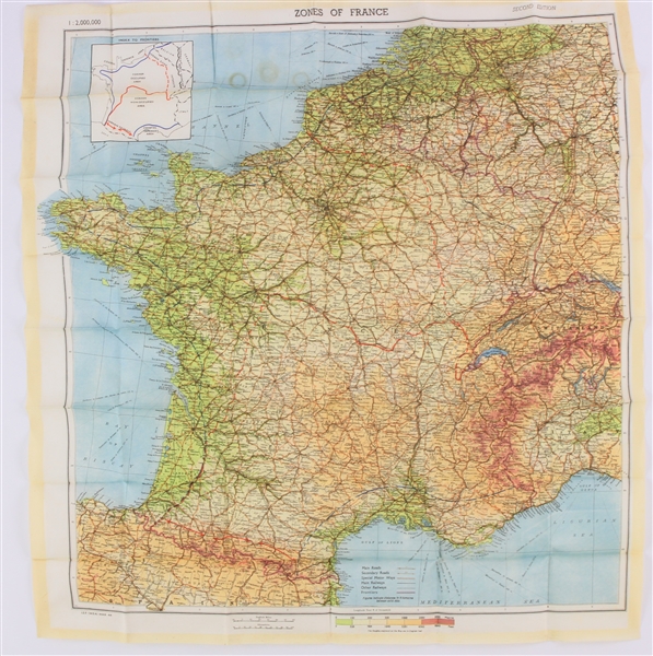 1944 World War II 22x22 Zones of France Silk Map 