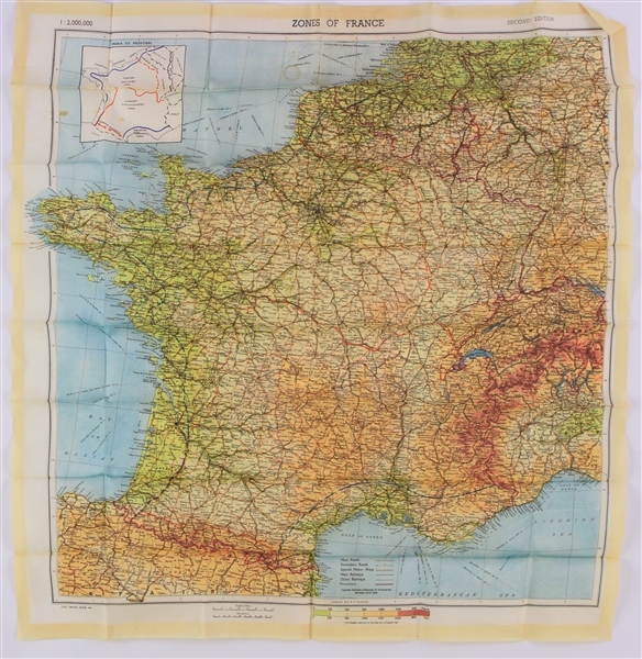 1944 World War II 22x22 Zones of France Silk Map
