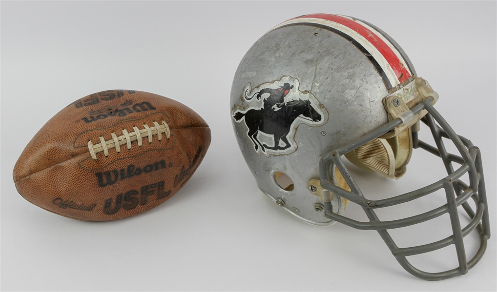 1983-85 Tampa Bay Bandits USFL Game Worn Helmet & Official USFL Chet Simmons Football - Lot of 2 (MEARS LOA)