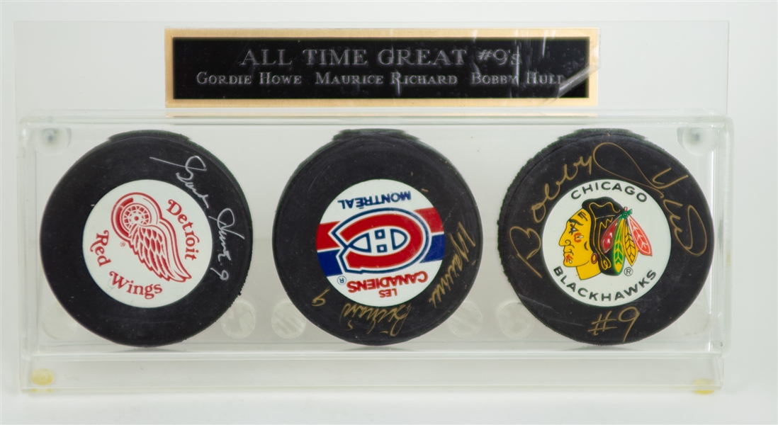 1942-1980 Gordie Howe, Maurice Richard, Bobby Hull "All Time Great #9s" Signed Hockey Pucks (JSA)