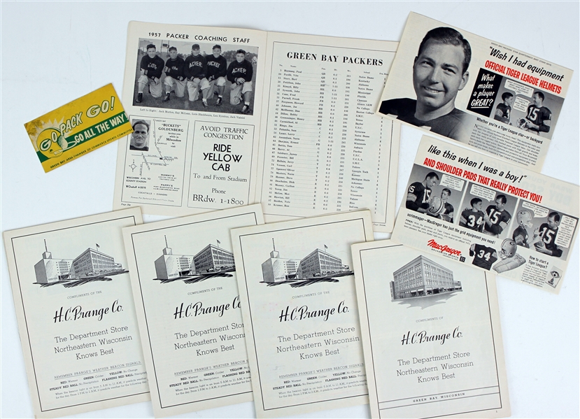 1950s Green Bay Packers Memorabilia Collection - Lot of 7 w/ Programs, Bart Starr Advertisements & Go Pack Go Decal