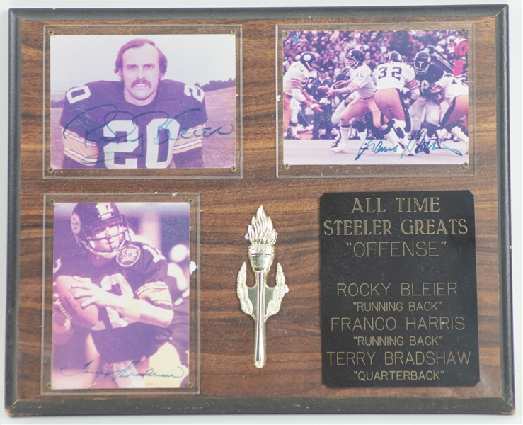 1968-1983 Terry Bradshaw / Franco Harris / Rocky Bleier Pittsburgh Steelers "All Time Greats" Signed Photos w/ 10x13 Plaque (JSA)