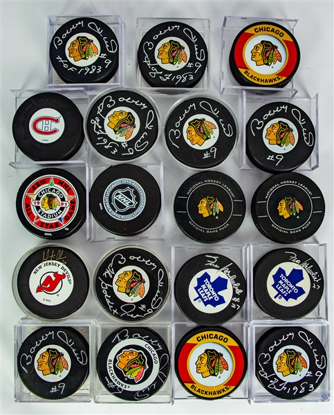 1990s-2000s Chicago Blackhawks Hockey Puck Collection - Lot of 19 w/ Game Pucks, Bobby Hull Signed Pucks & More (MEARS LOA/JSA)