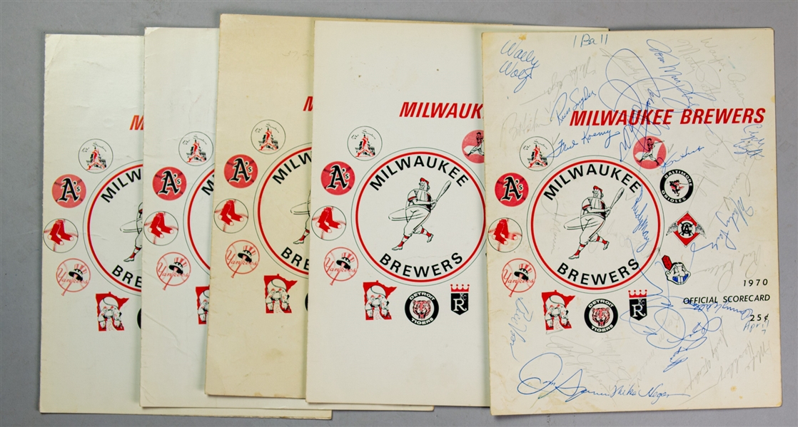 1970 Milwaukee Brewers County Stadium First Game Franchise History Scorecards - Lot of 5 w/ 2 Scored & 1 Multi-Signed (JSA)