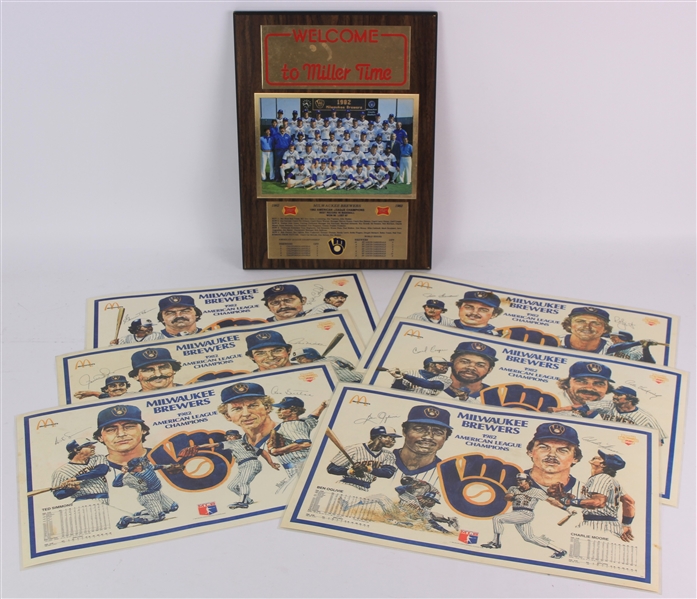 1982 Milwaukee Brewers Memorabilia Collection - Lot of 7 w/ McDonalds Placemats & Miller Time Team Photo Plaque