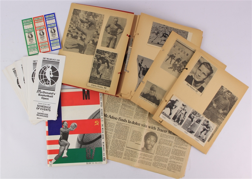 1940s-80s Football Basketball Memorabilia Collection - Lot of 20 w/ Vintage Football Scrapbook & 1987 McDonalds Basketball Open Program, Ticket Strip & More