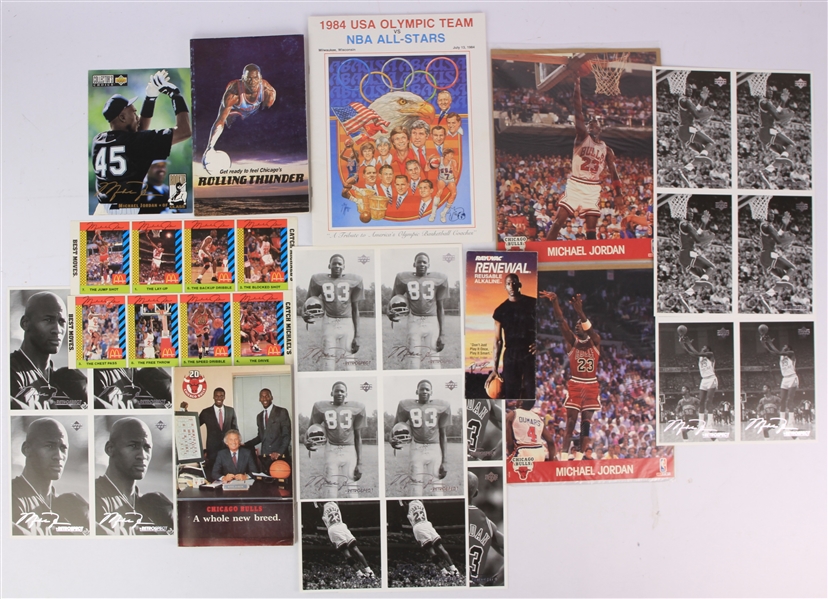 1980s-90s Michael Jordan Chicago Bulls Memorabilia Collection - Lot of 15 w/ 1984 USA Olympic Team vs NBA All Stars Program, Media Guides, Uncut Postcard Sheets & More