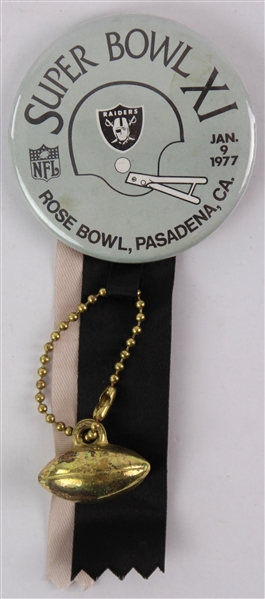 1977 Oakland Raiders Super Bowl XI 2.25" Pinback Button w/ Ribbon & Charm
