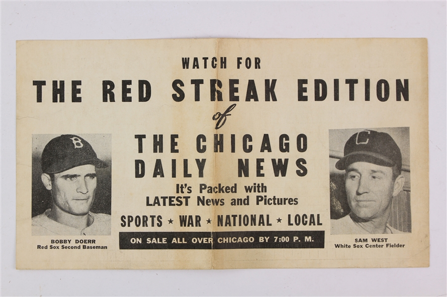 1942 Bobby Doerr Sam West Red Sox/White Sox Red Streak Edition Chicago Daily News Scorecard