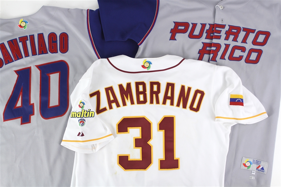 2006 Puerto Rico & Venezuela Game Worn World Baseball Classic Jerseys - Lot of 3 w/ Victor Zambrano, Pedro Feliciano & Jose Santiago (MEARS LOA)